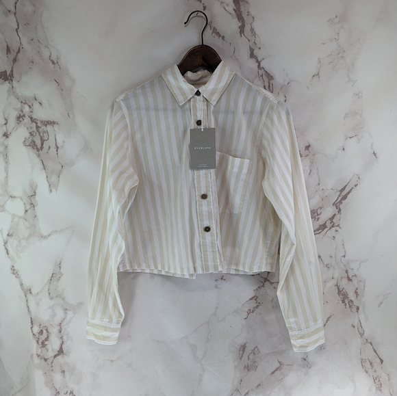 Everlane Shirt Womens Striped Button Up Silky Cotton Way Short Crop Sand - Picture 3 of 15
